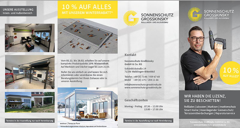 Angebots-Flyer 2026 * Wir sind gerne Ihr Fachbetrieb für Sonnenschutz, Rollläden, Jalousiebau, Markisen, Insektenschutz